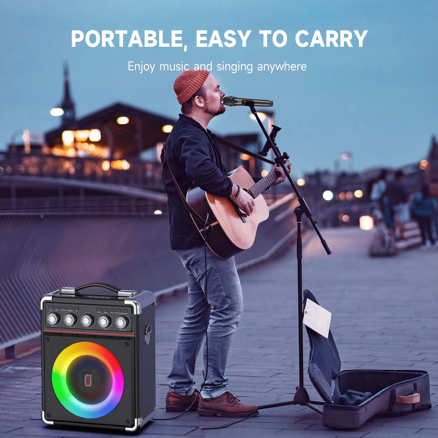 FanFun Karaoke Speaker Bluetooth 2 Microphones LED Light Portable Outdoor