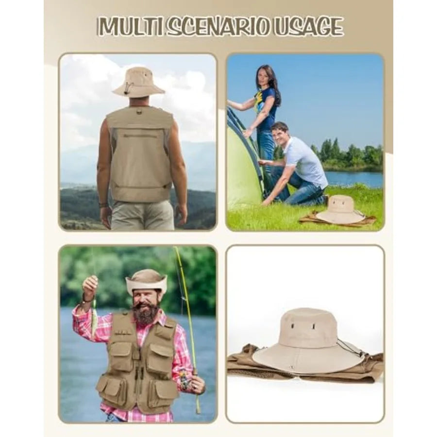 Men's Fishing Vest And Sun Hat Set With Multi Pocket