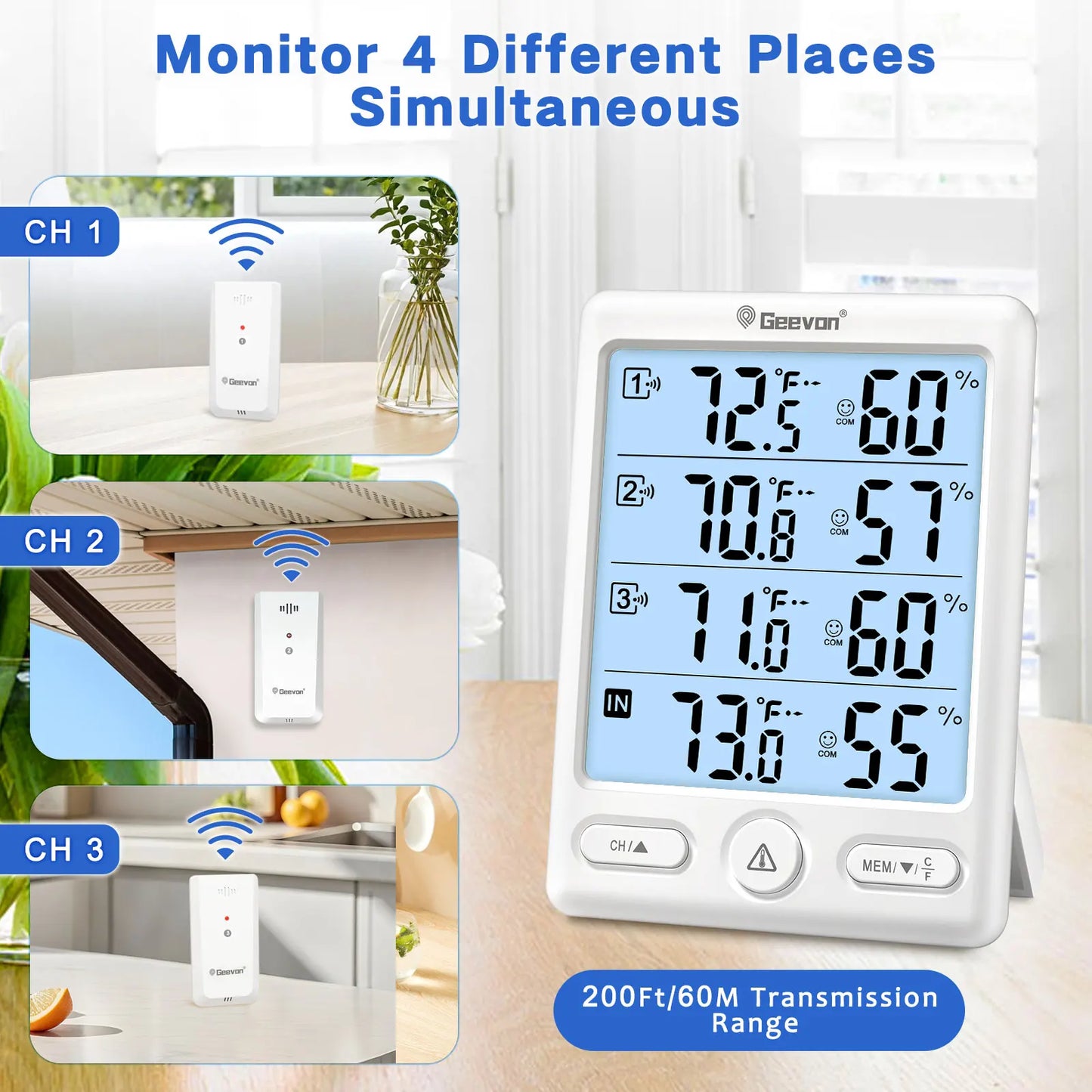 GeeVon Indoor Outdoor Thermometer With 3 Remote Sensors
