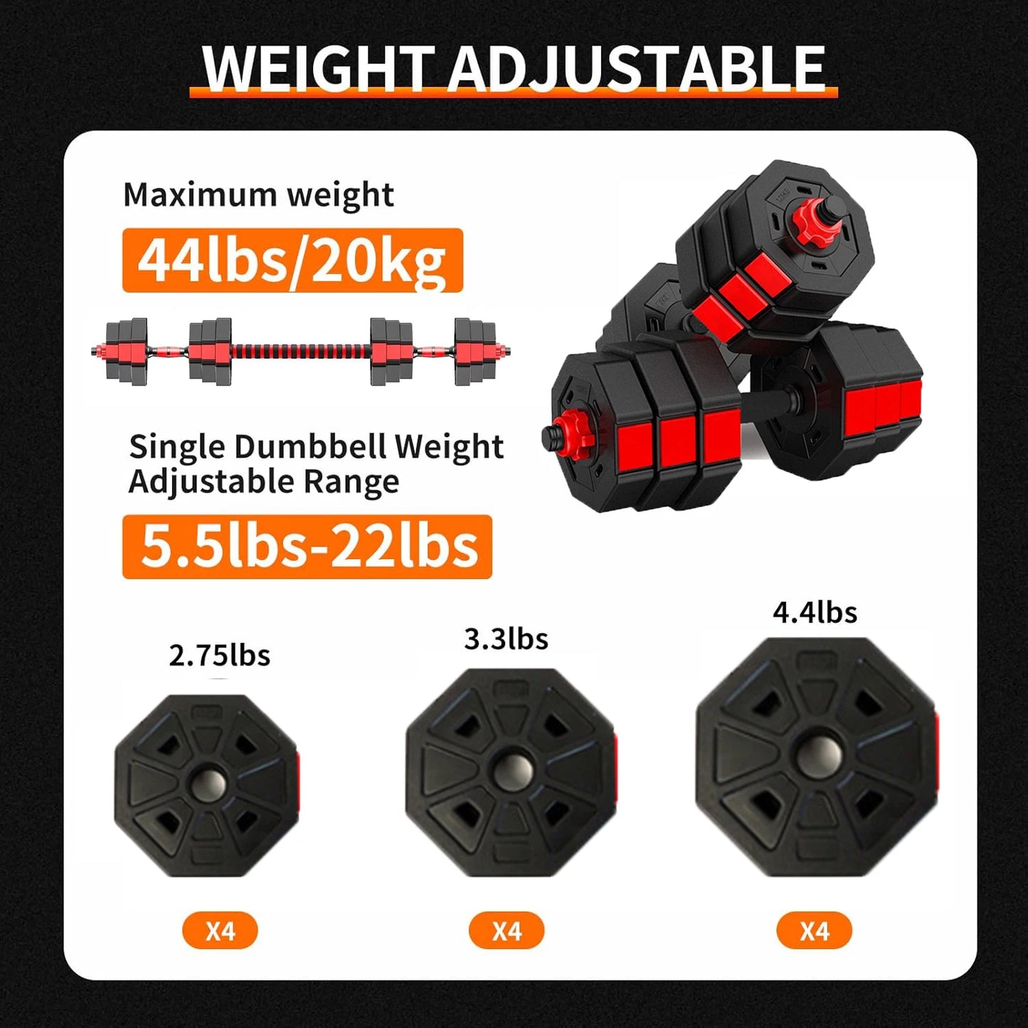 Adjustable Dumbbell To Barbell Fitness Set 44 Lbs Anti Slip Grip 3 In 1