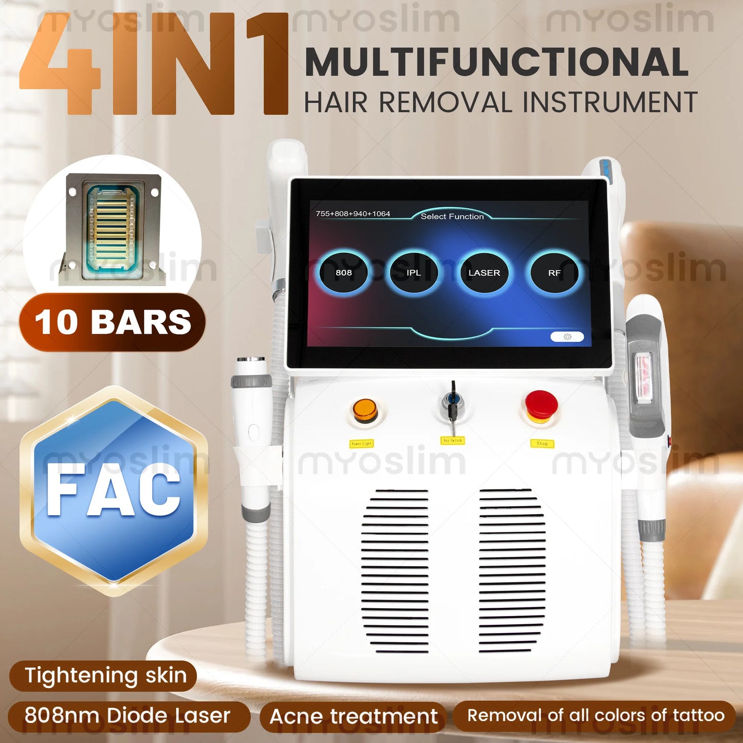 Myoslim 5000W RF 808 Diode IPL Hair Removal Machine 4in1