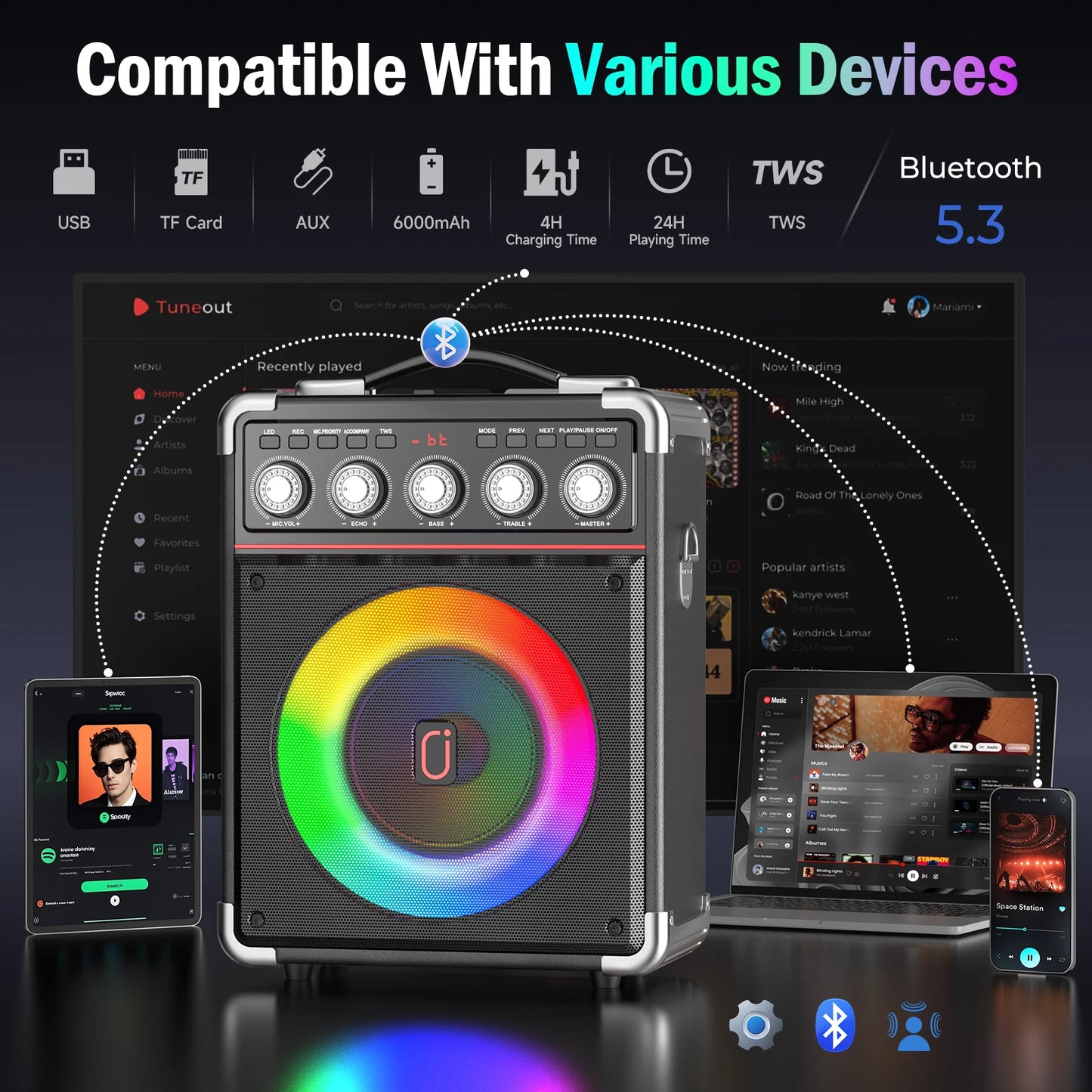 FanFun Karaoke Speaker Bluetooth 2 Microphones LED Light Portable Outdoor
