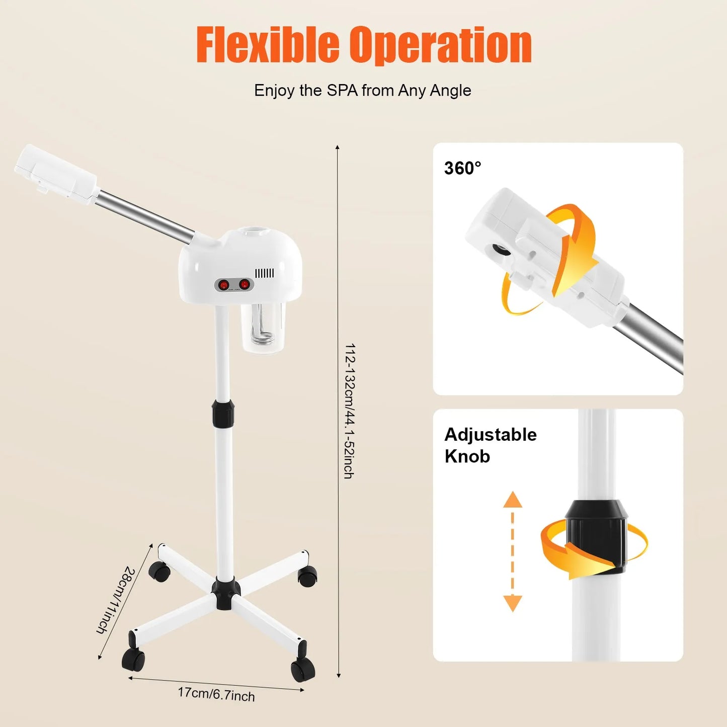 Ozone Facial Steamer On Wheels, Adjustable Height, 360 Degree Nozzle