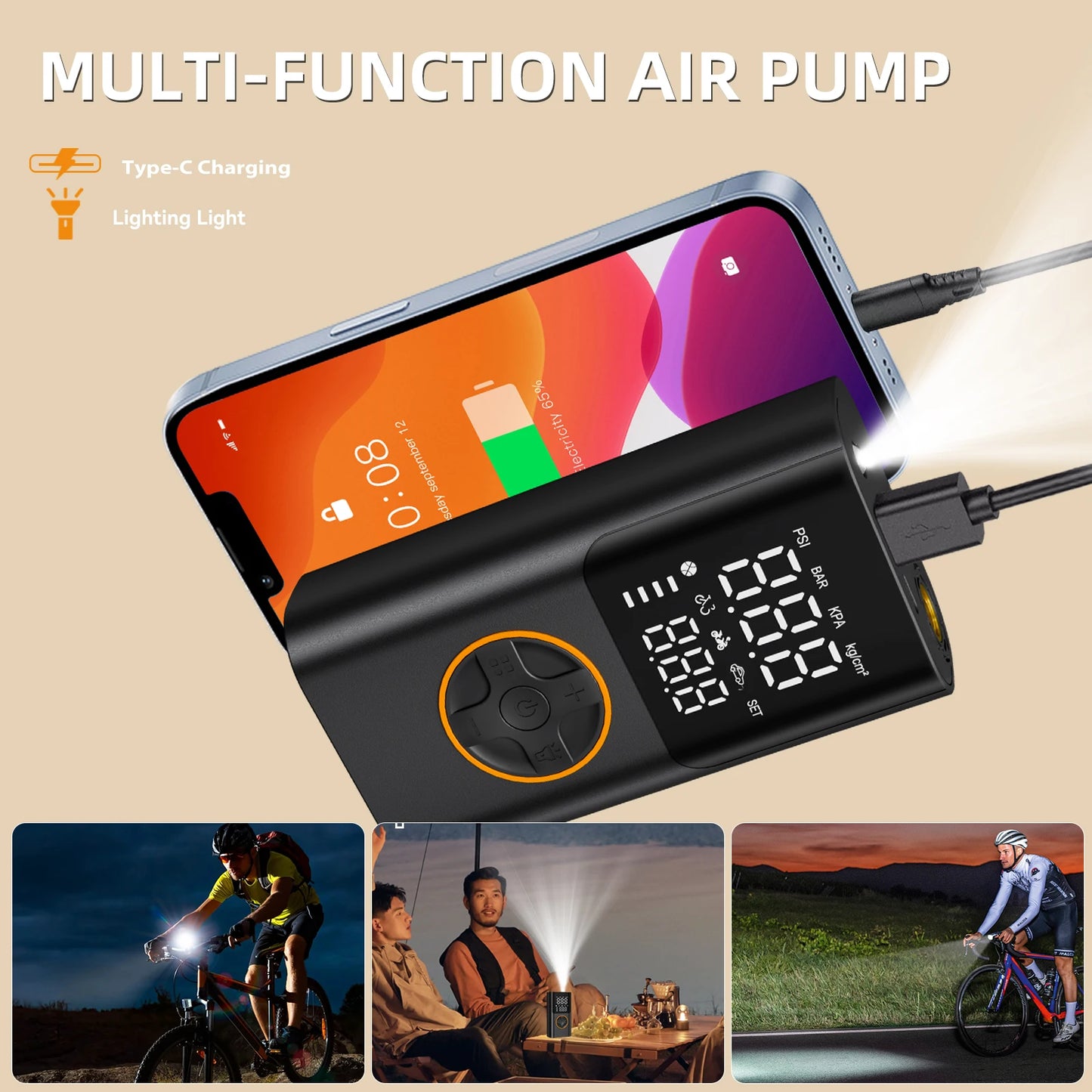 Portable Tire Inflator With Power Bank 150 PSI LED Light