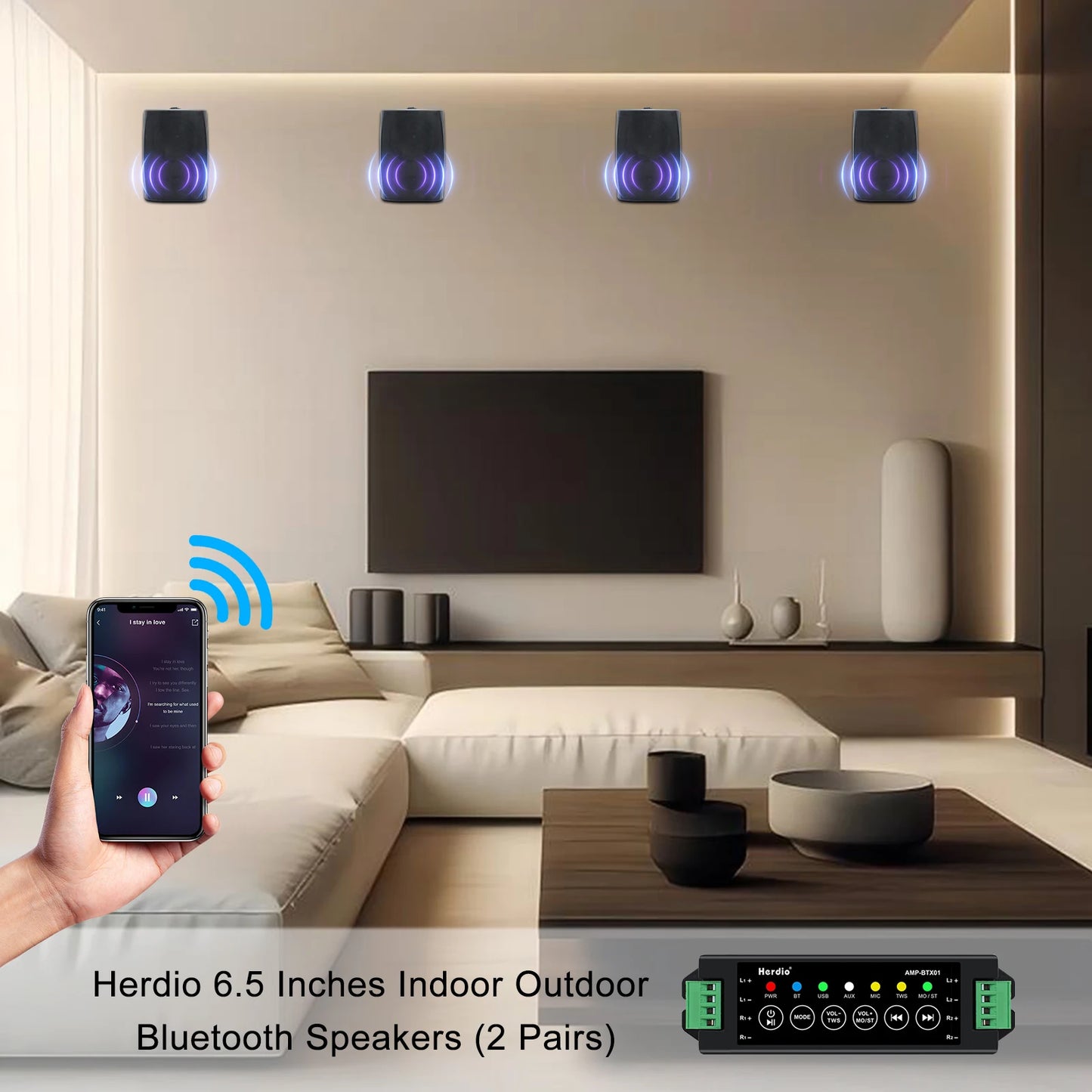 Herdio 4 Pack Outdoor Waterproof Bluetooth Speakers 800W With Amplifier