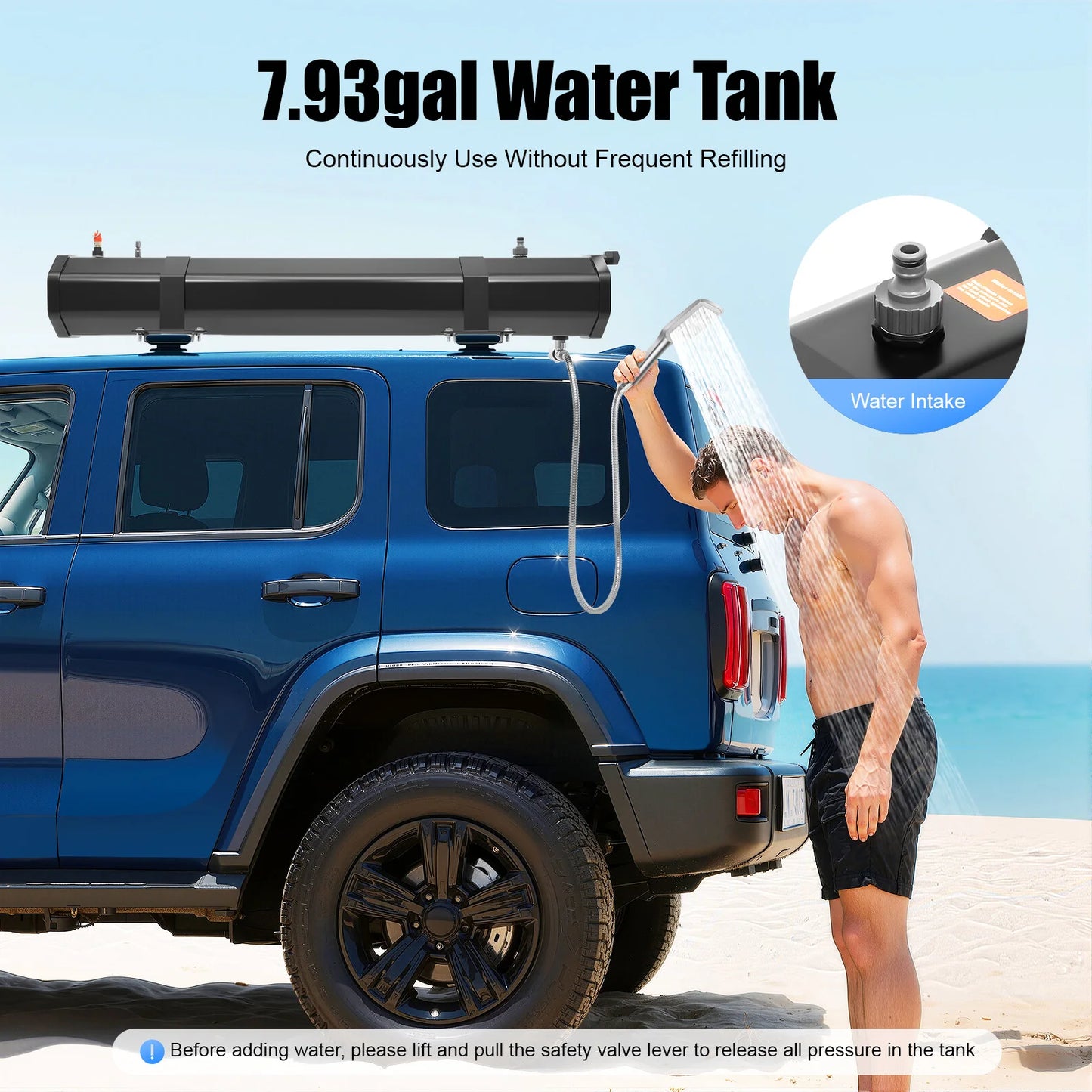 Roof Rack Camping Shower With Pressurized Water Tank Hose