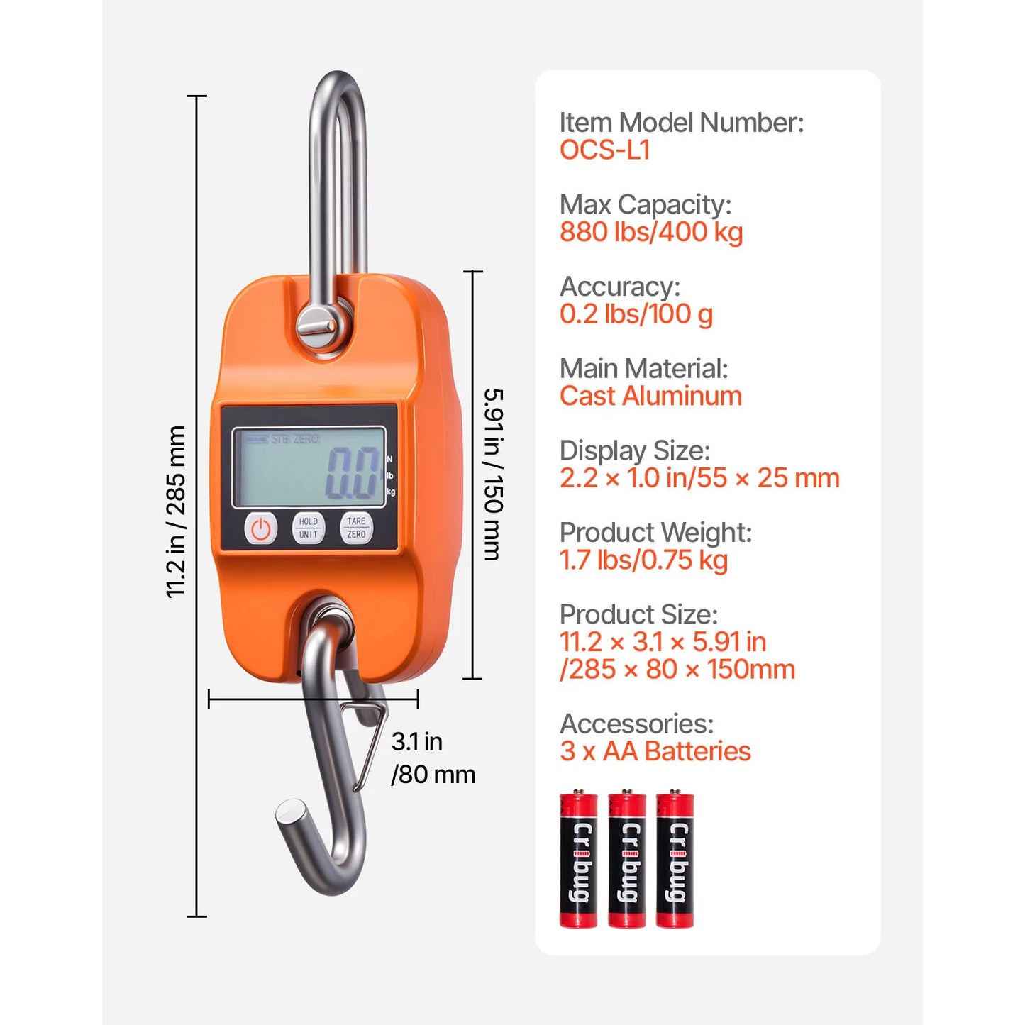 SucceBuy 880 Lb Digital Crane Scale Handheld With LCD Display