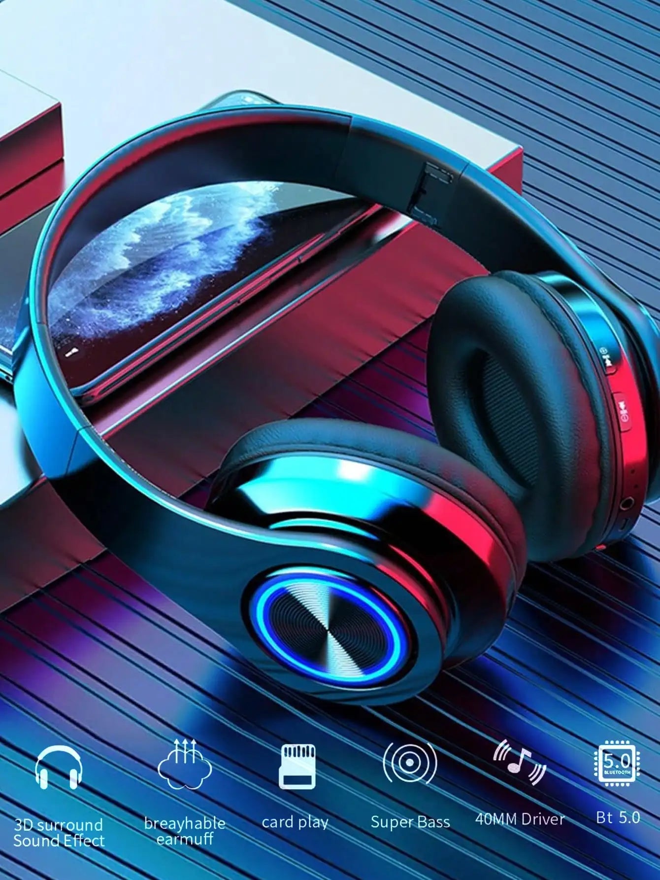 VIKEFON RGB Gaming Headphones Wireless Bluetooth With Microphone