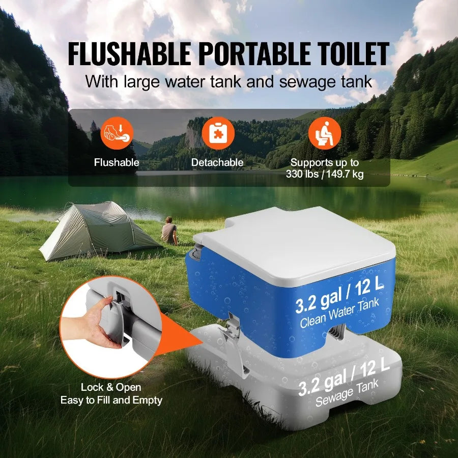 Portable Camping Toilet With Pressurized Flush Carry Bag For RV