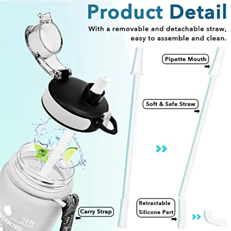 Motivational Water Bottle Leakproof BPA Free Times To Drink Straw