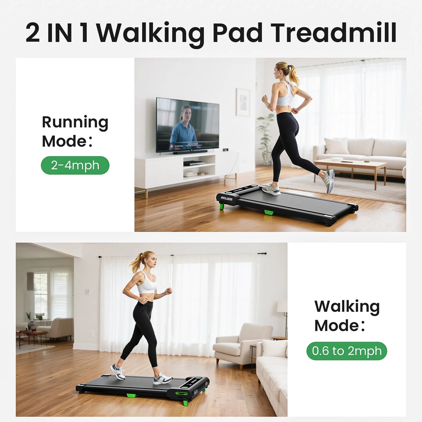 AKLUER Under Desk Treadmill 2.5HP With LED Display Compact