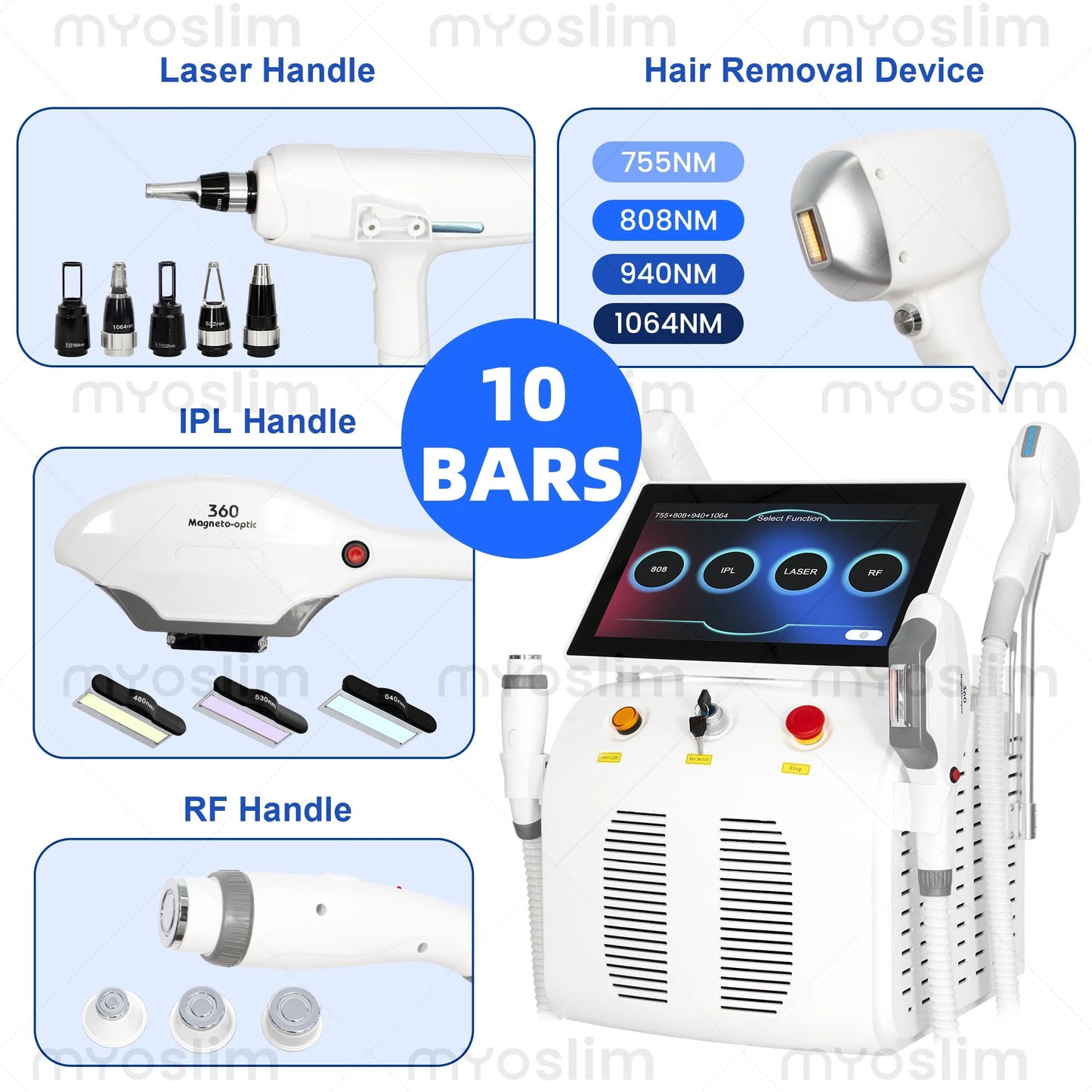 Myoslim 5000W RF 808 Diode IPL Hair Removal Machine 4in1