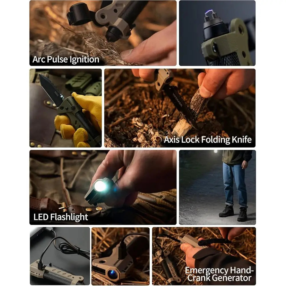 Survival Multitool With Folding Knife, LED Flashlight, Hand Crank Generator