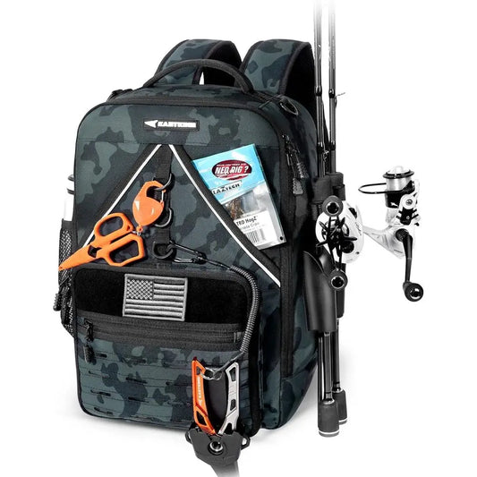 Water Resistant Fishing Tackle Backpack With Rod Holders And Large Storage