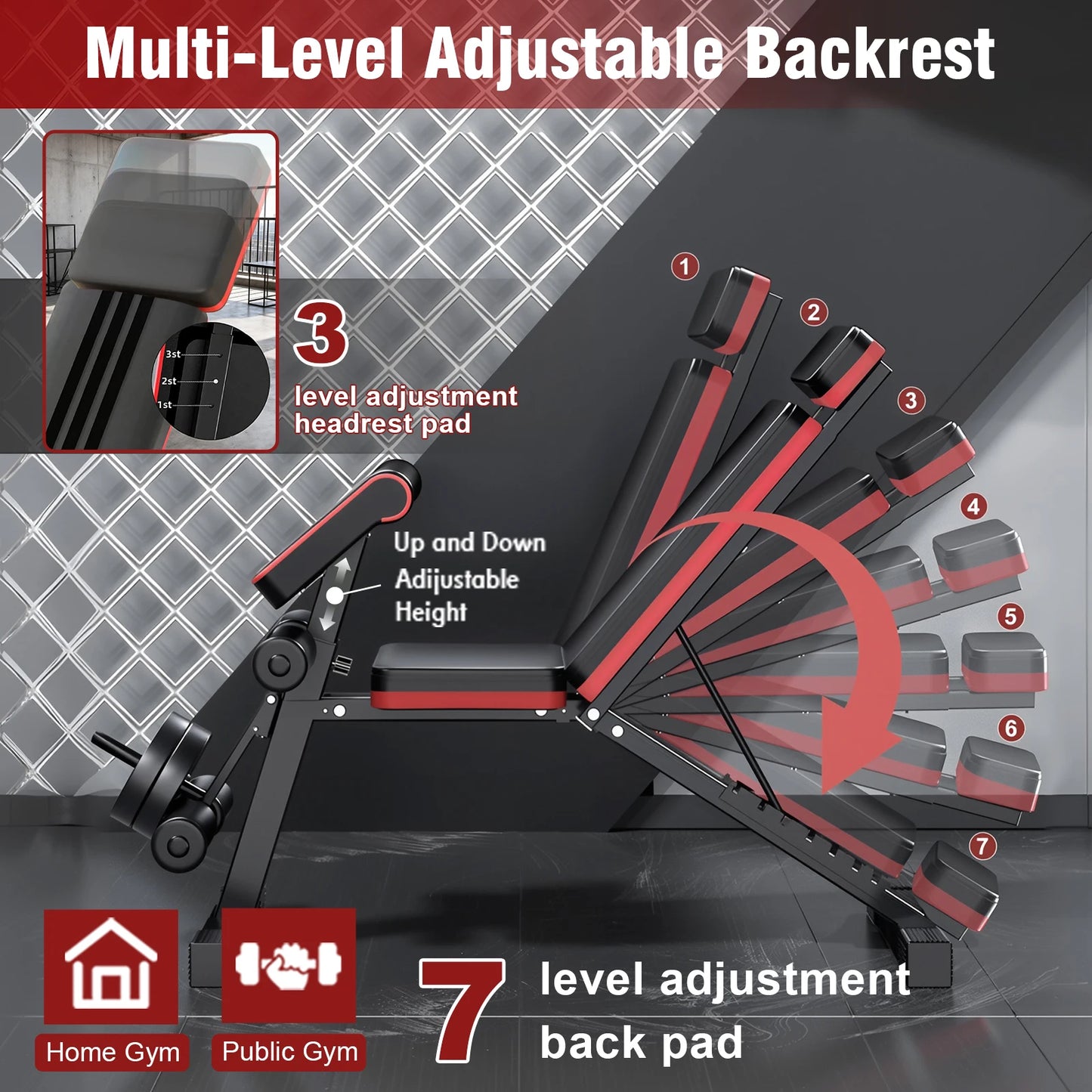 7-Level Foldable Weight Bench With Adjustable Headrest For Full Body