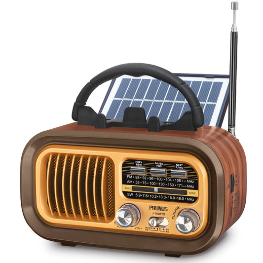 PRUNUS J150 Retro Bluetooth AM FM Portable Radio Solar Rechargeable