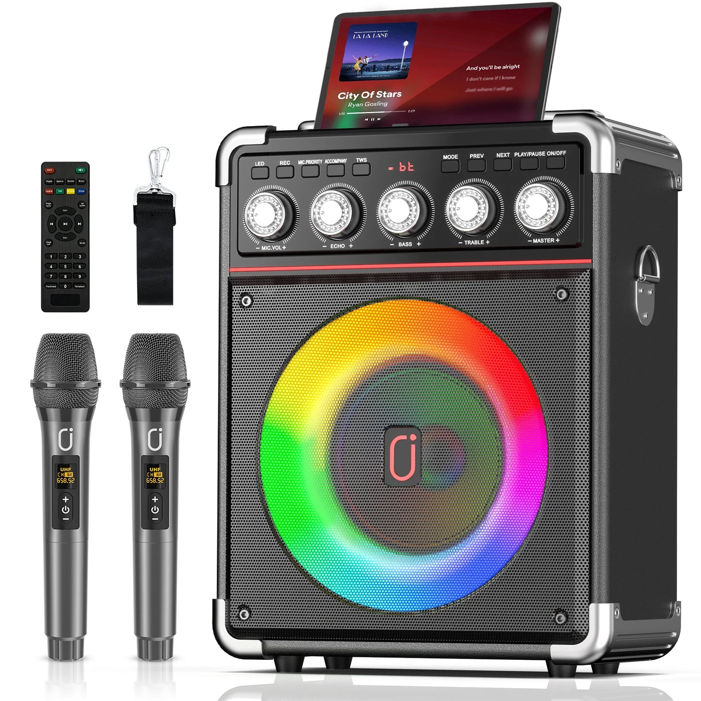 FanFun Karaoke Speaker Bluetooth 2 Microphones LED Light Portable Outdoor