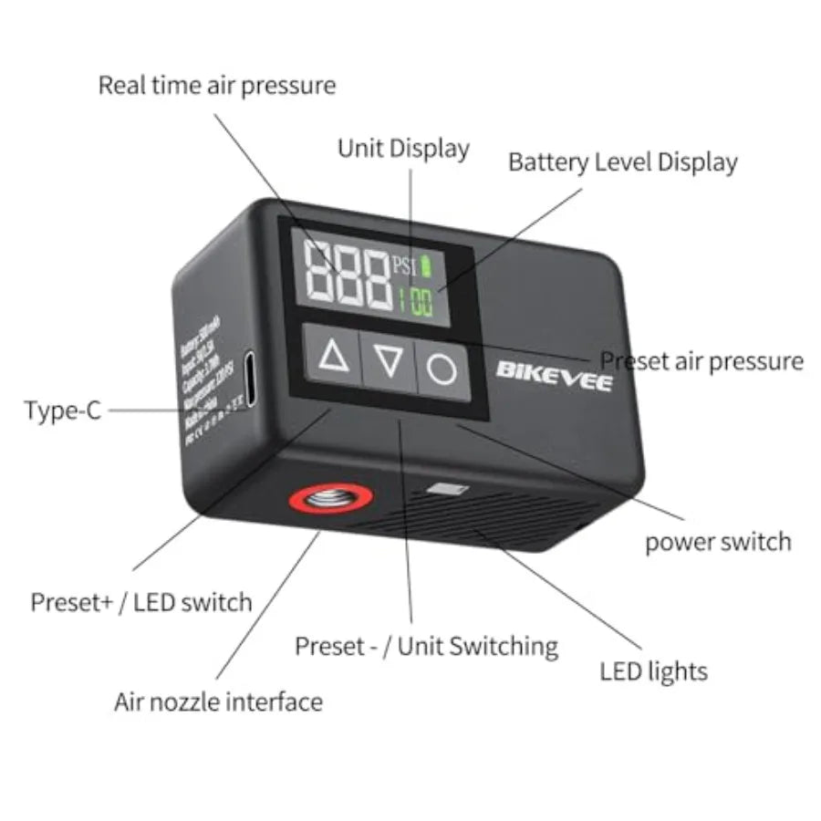 Electric Mini Bike Pump 120 PSI Presta Schrader Digital Gauge Auto Shut Off
