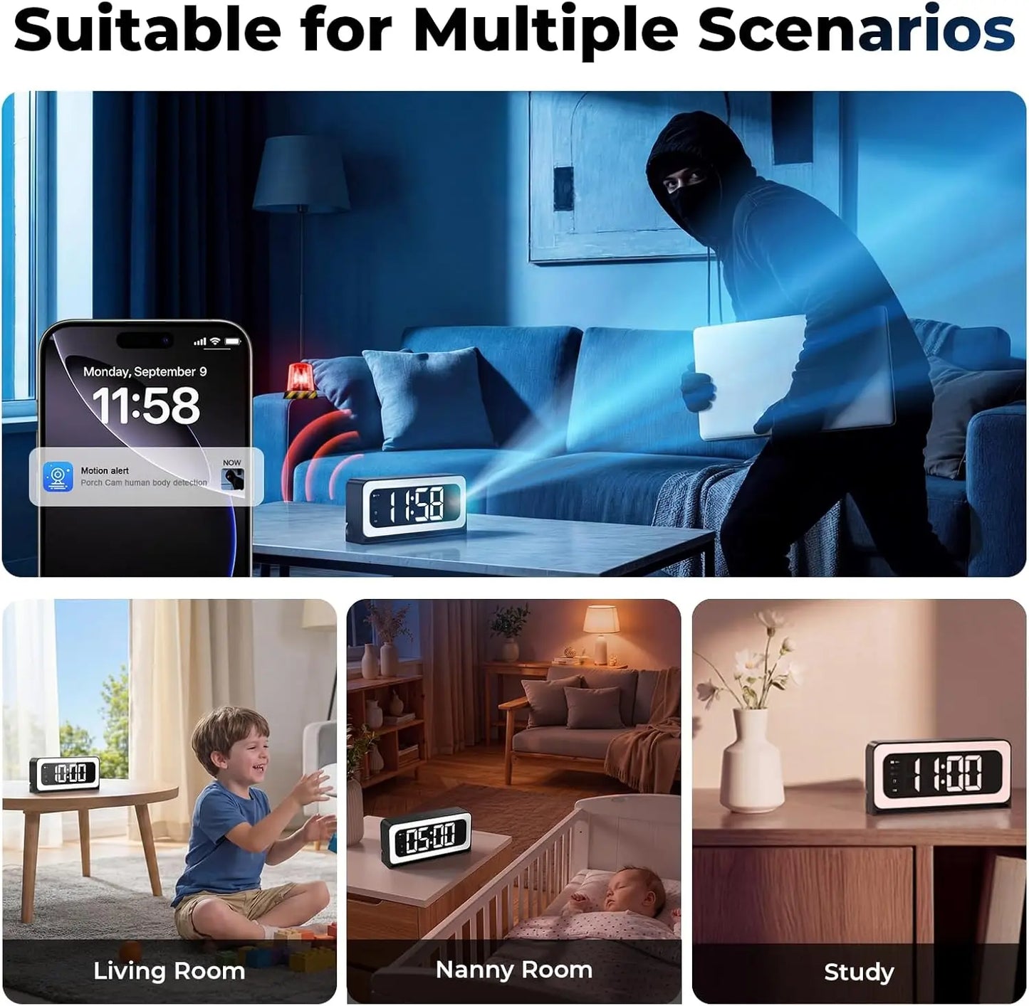 WESECUU Smart Clock Camera 2K Indoor Security Nanny Camera WiFi