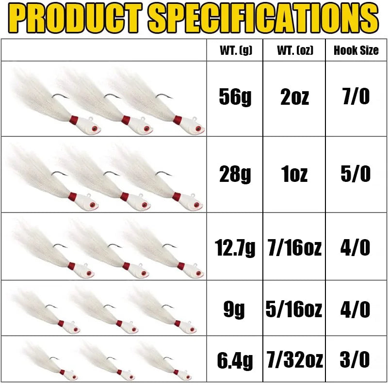 Bucktail Jig Heads Lures 3 Pcs Saltwater Freshwater Walleye Bass