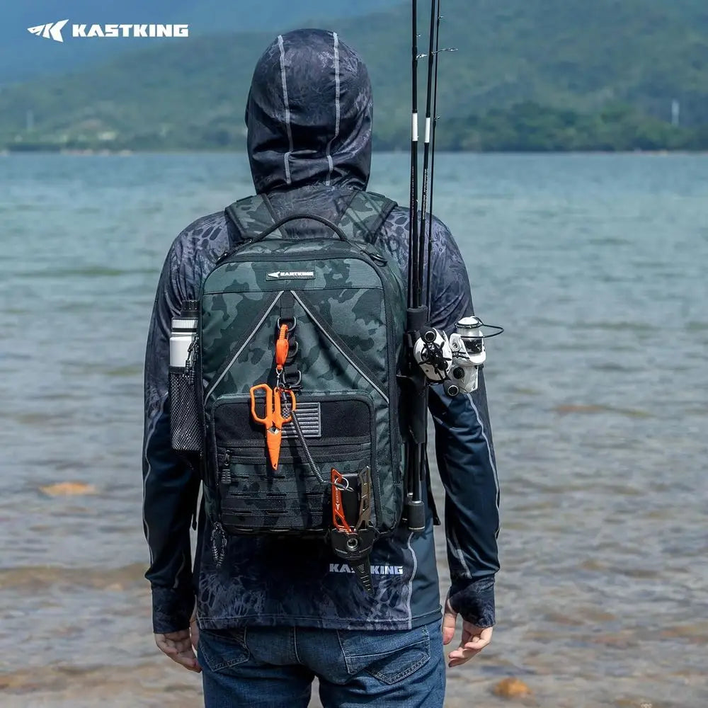 Water Resistant Fishing Tackle Backpack With Rod Holders And Large Storage