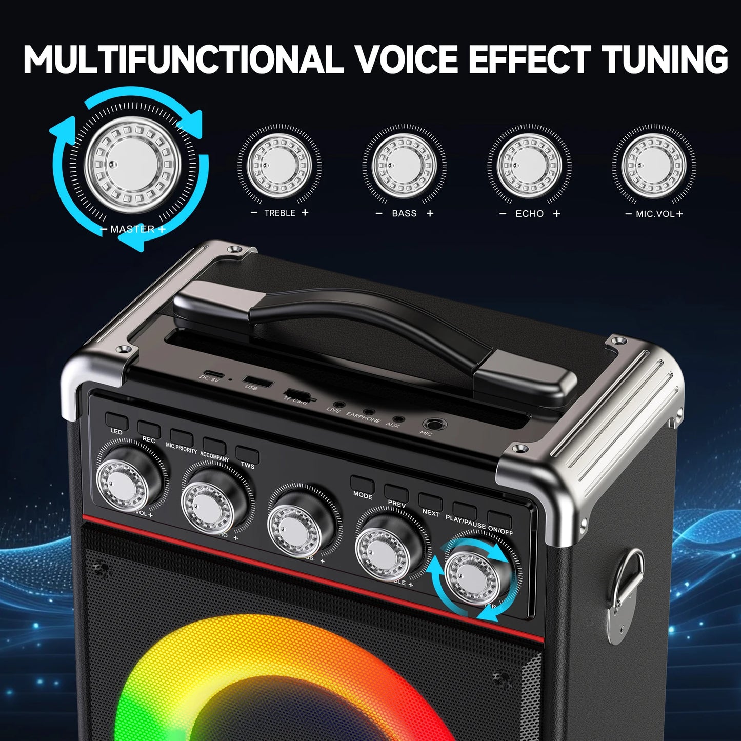 FanFun Karaoke Speaker Bluetooth 2 Microphones LED Light Portable Outdoor