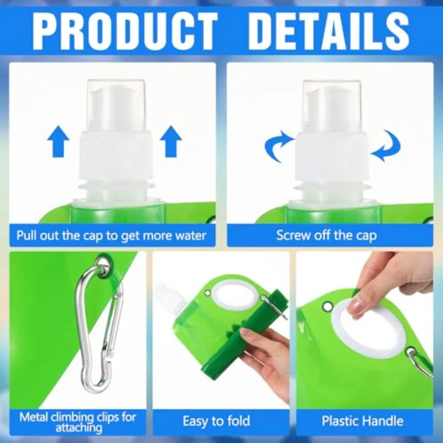 Foldable Collapsible Water Bottle With Carabiner Reusable Leak Proof