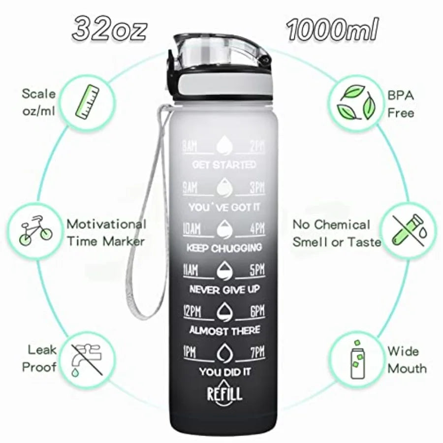 Motivational Water Bottle Leakproof BPA Free Times To Drink Straw