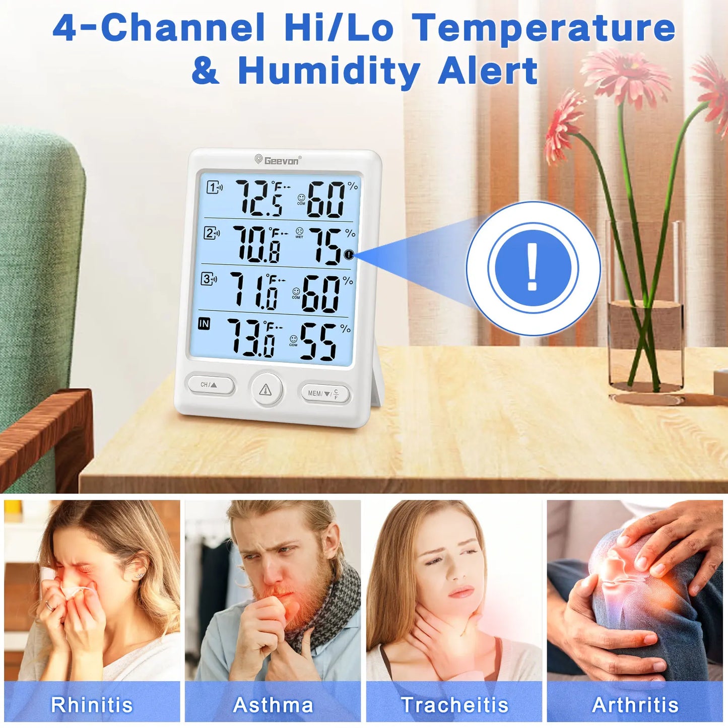 GeeVon Indoor Outdoor Thermometer With 3 Remote Sensors