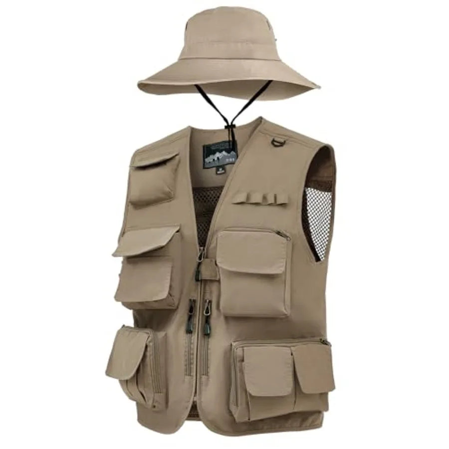 Men's Fishing Vest And Sun Hat Set With Multi Pocket