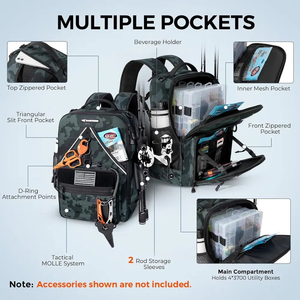 Water Resistant Fishing Tackle Backpack With Rod Holders And Large Storage