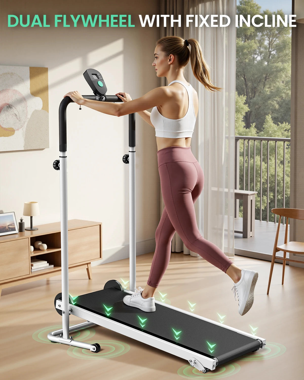 AKLUER Non-Electric Treadmill With Dual Flywheels And Fixed Incline