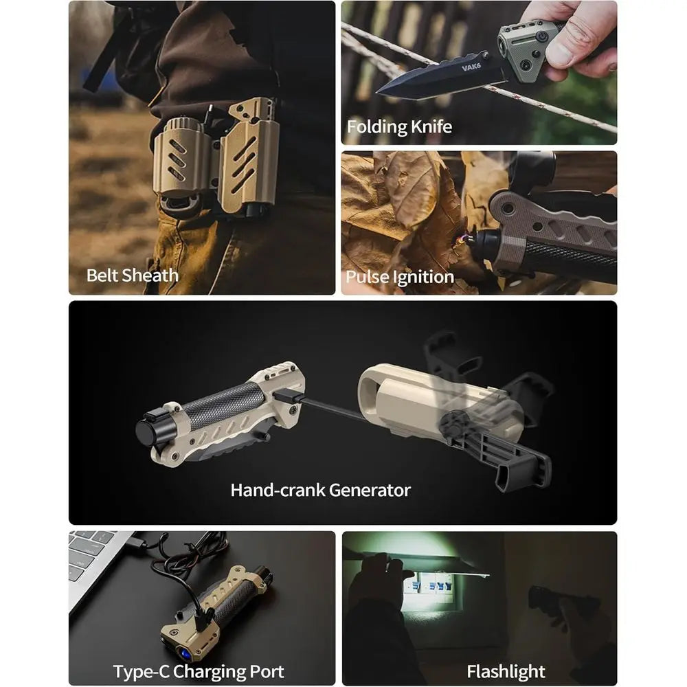 Survival Multitool With Folding Knife, LED Flashlight, Hand Crank Generator