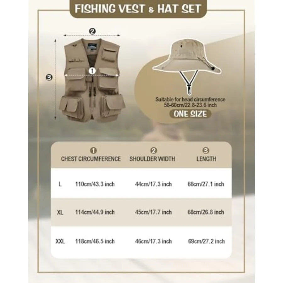 Men's Fishing Vest And Sun Hat Set With Multi Pocket