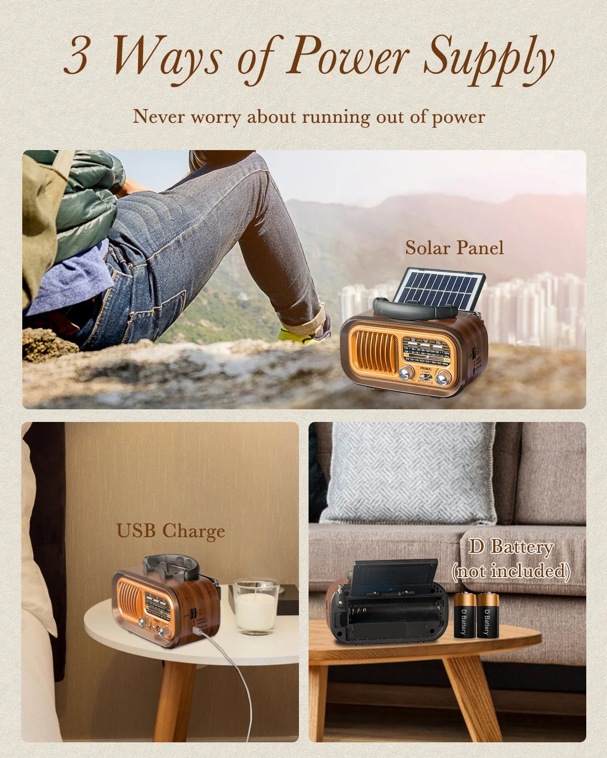 PRUNUS J150 Retro Bluetooth AM FM Portable Radio Solar Rechargeable