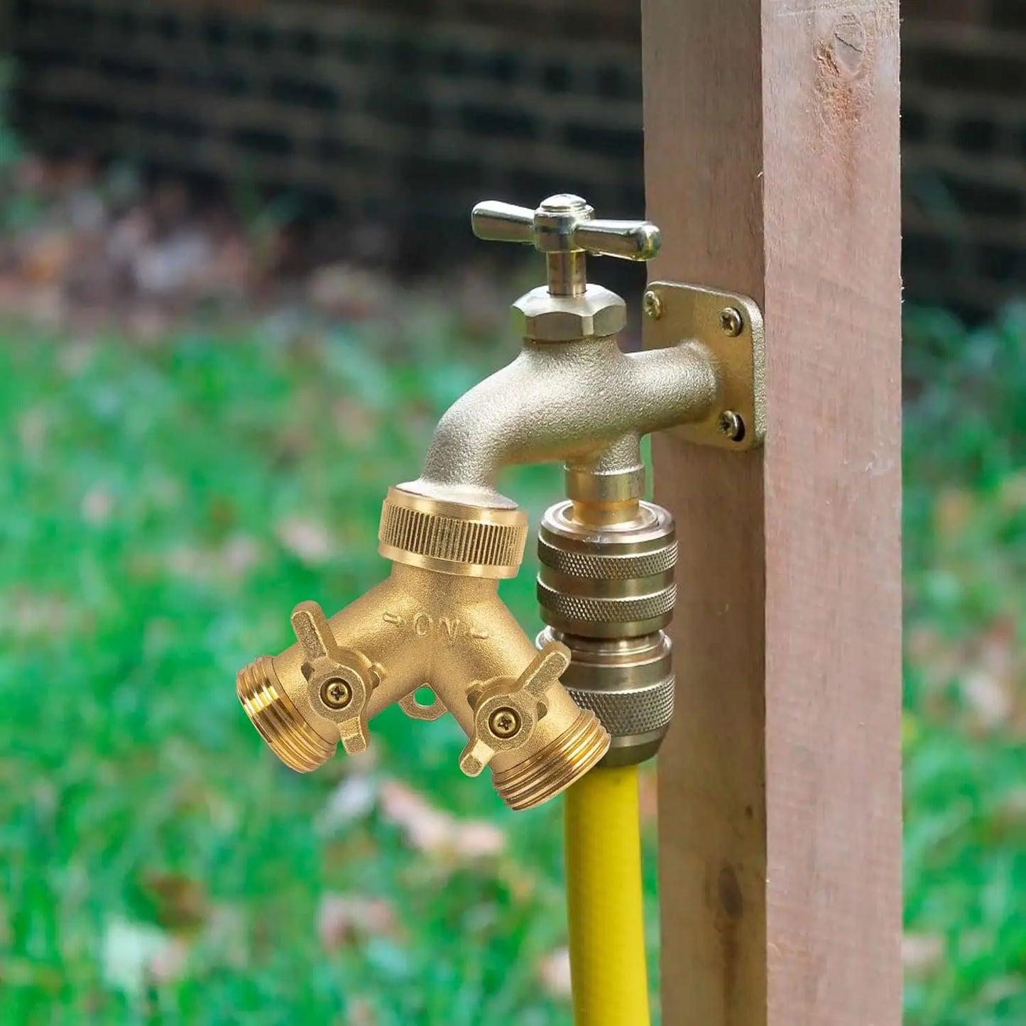 Solid Brass Garden Hose Splitter 2 Way With 2 Valves