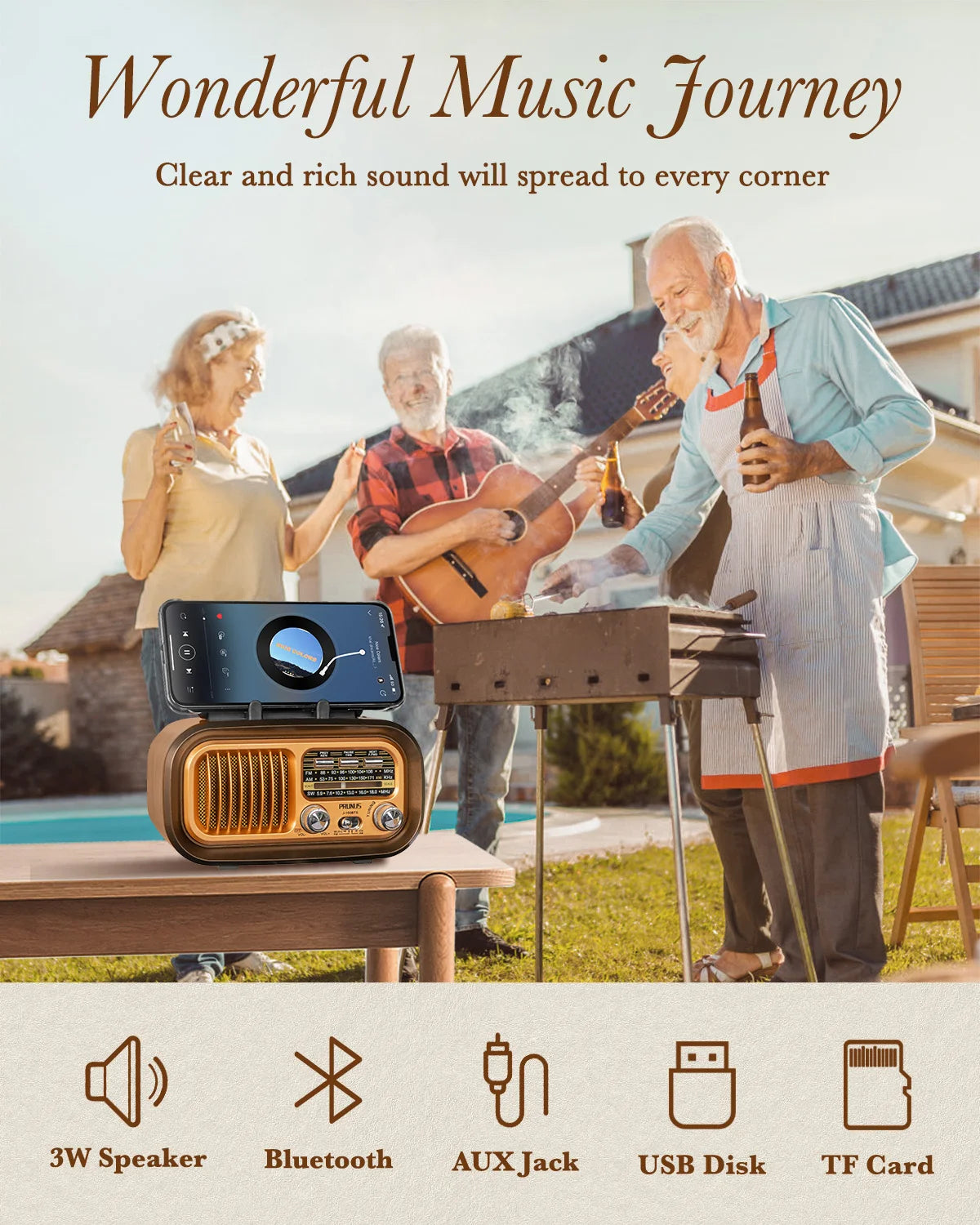 PRUNUS J150 Retro Bluetooth AM FM Portable Radio Solar Rechargeable