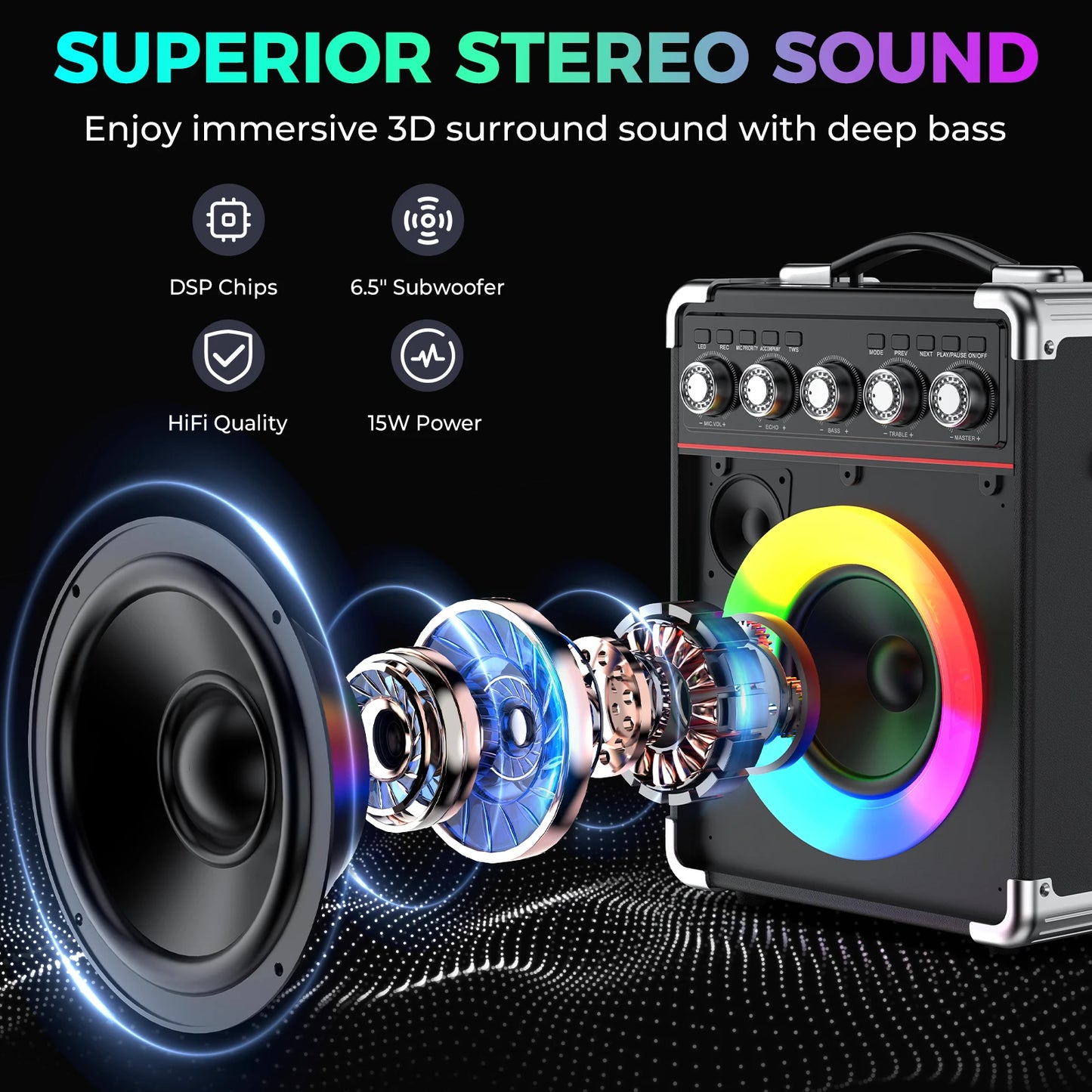 FanFun Karaoke Speaker Bluetooth 2 Microphones LED Light Portable Outdoor