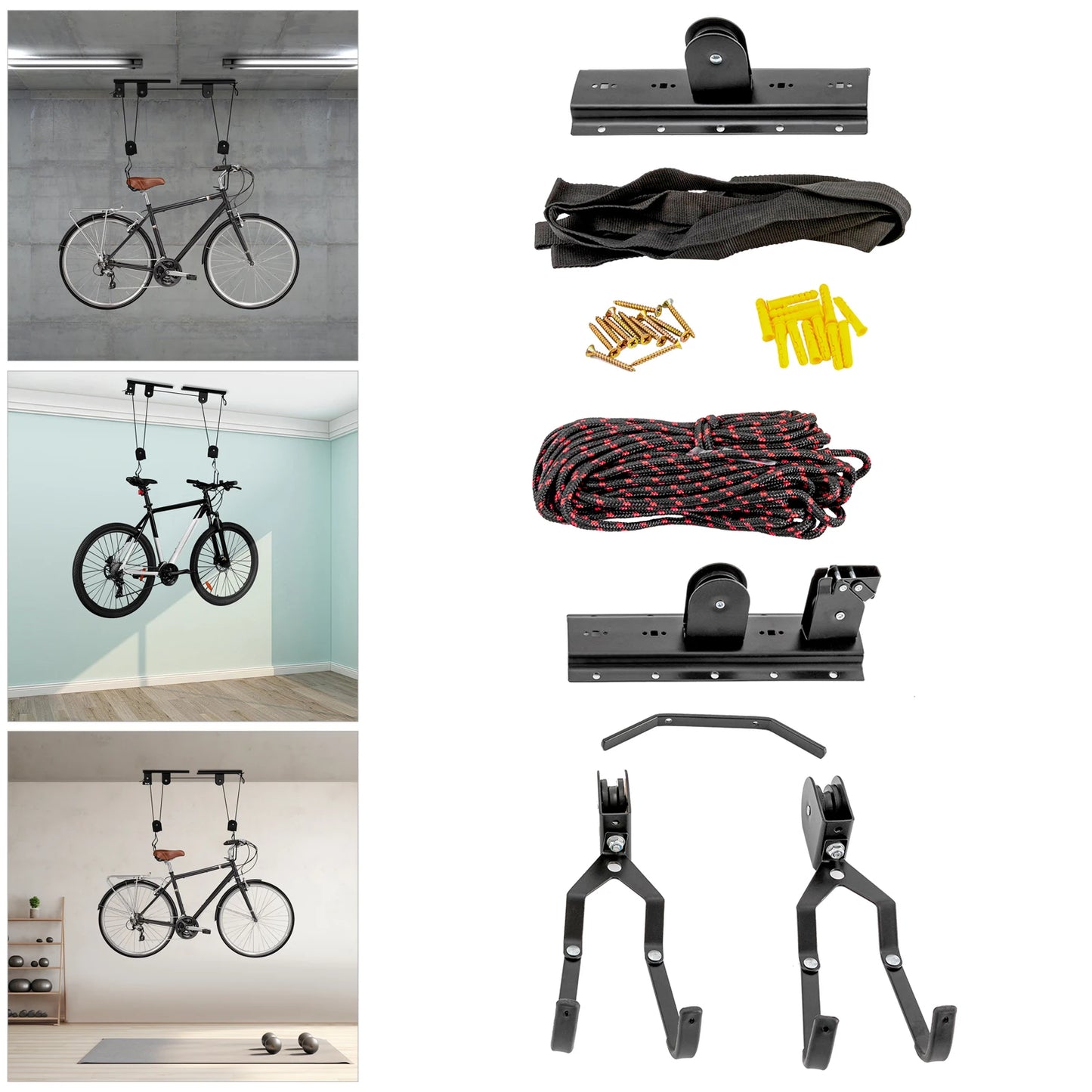 Bike Hoist Garage Ceiling Mount Pulley System With Rope