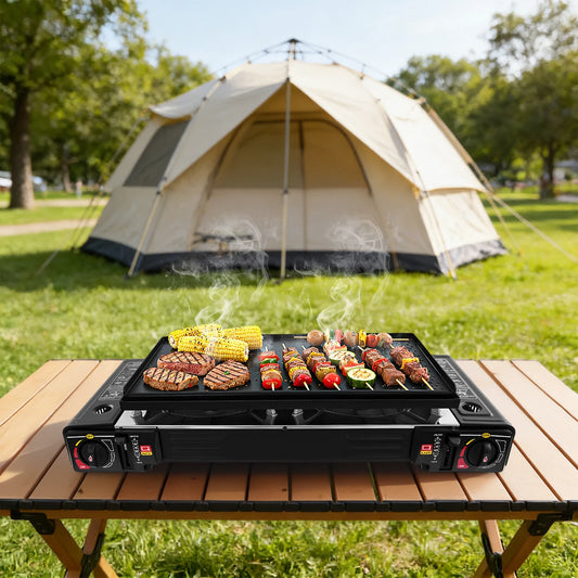 Camping Propane Stove Dual Burner Griddle Outdoor BBQ