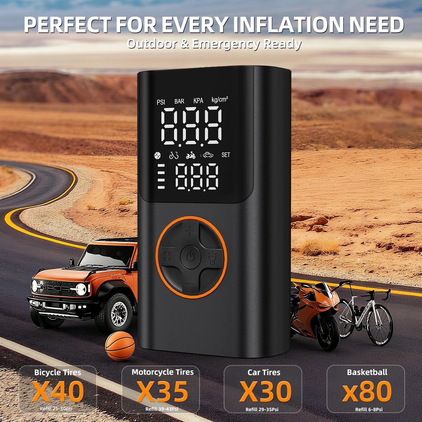 Portable Tire Inflator With Power Bank 150 PSI LED Light