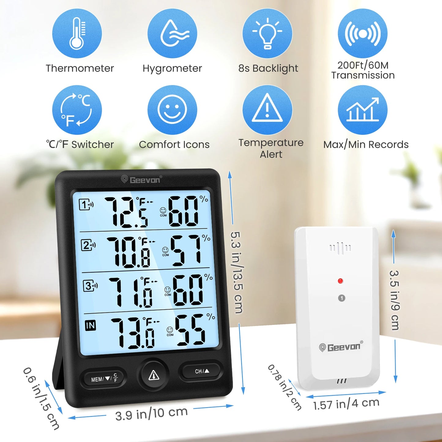 GeeVon Indoor Outdoor Thermometer With 3 Remote Sensors